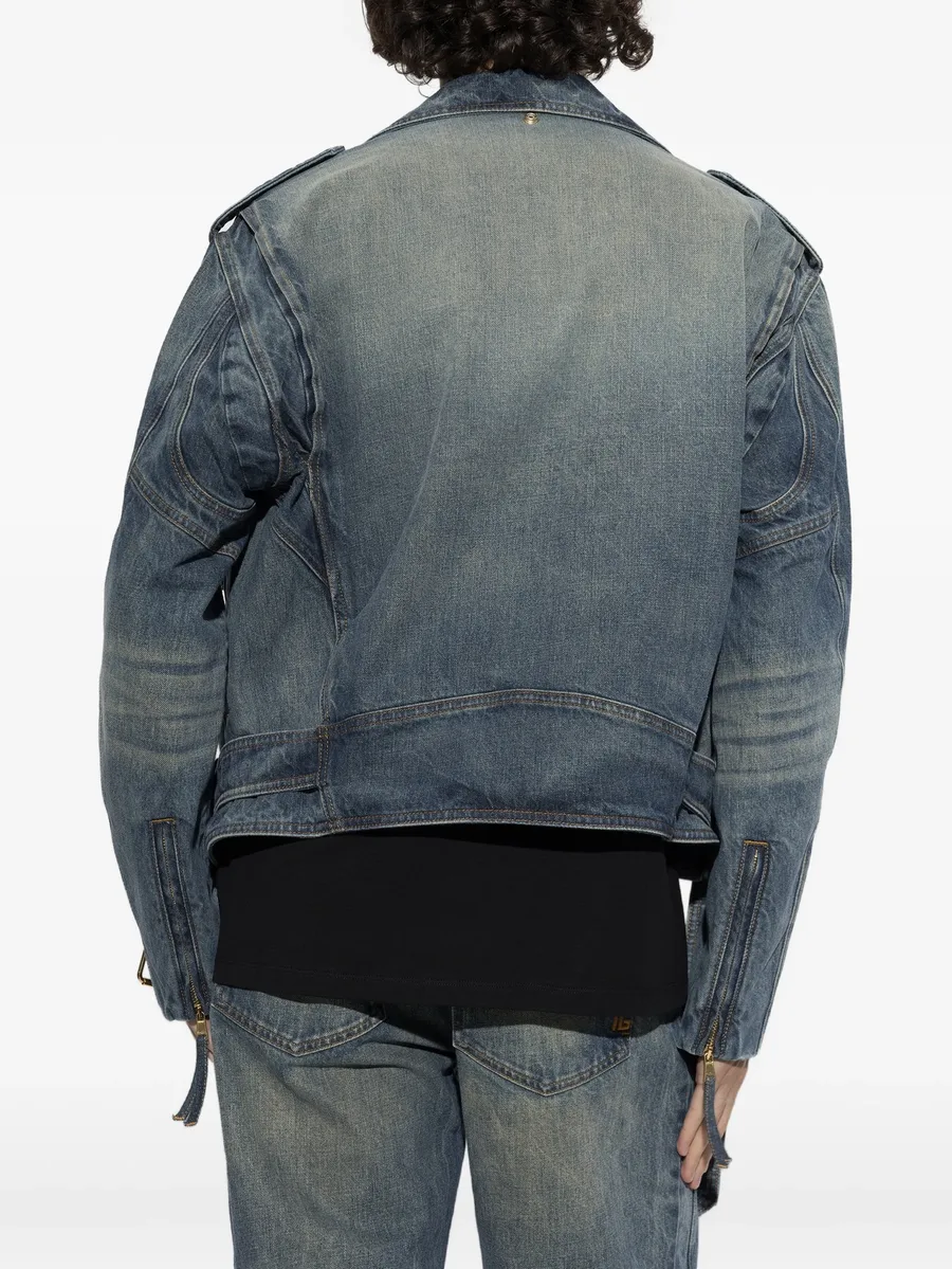 belted biker-style denim jacket 4