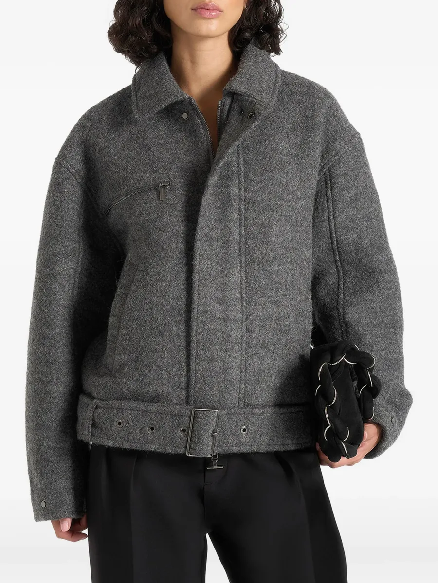 Ezra in grey wool belted bomber jacket 1