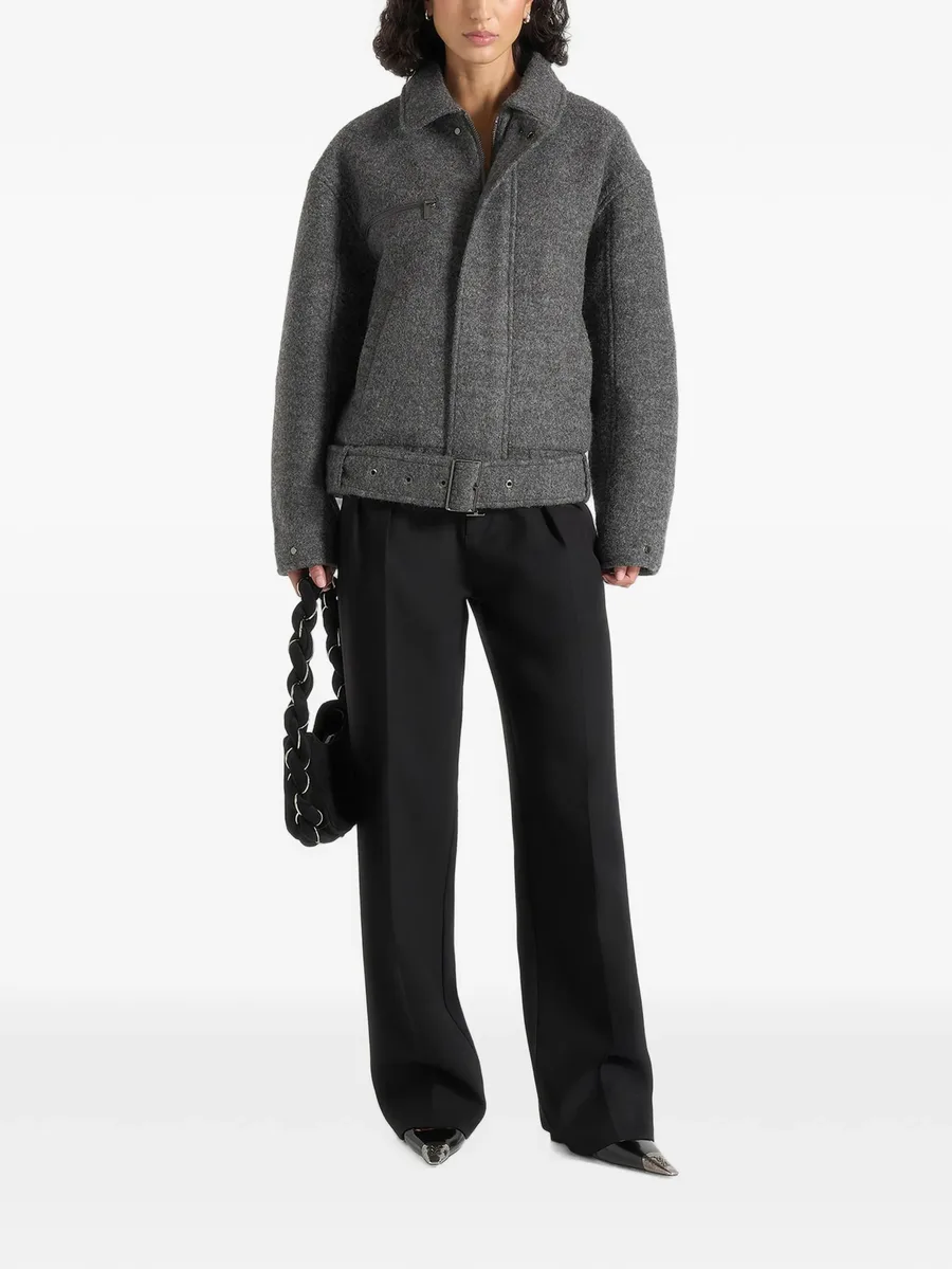 Ezra in grey wool belted bomber jacket 2