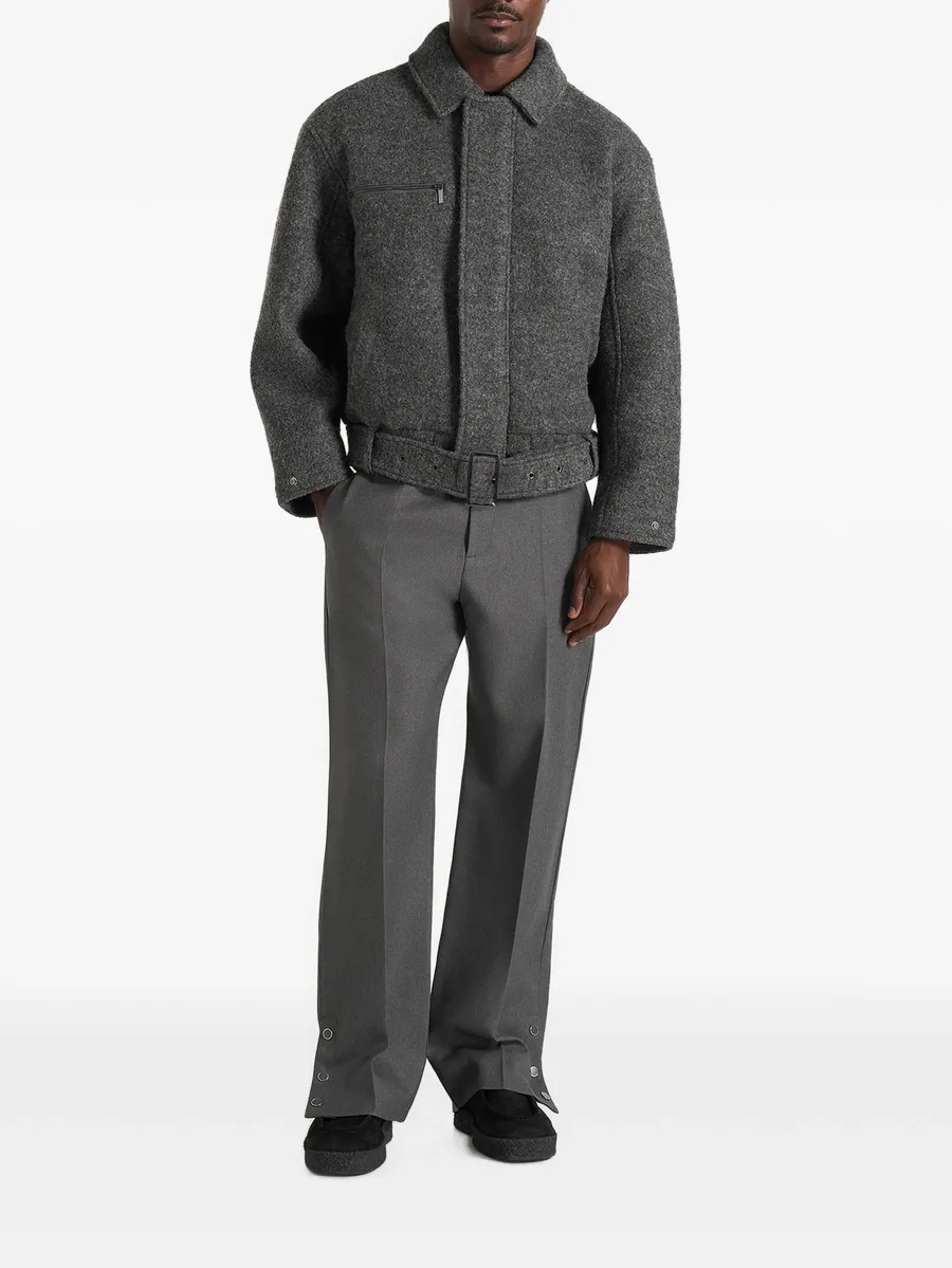 Ezra in grey wool belted bomber jacket 3