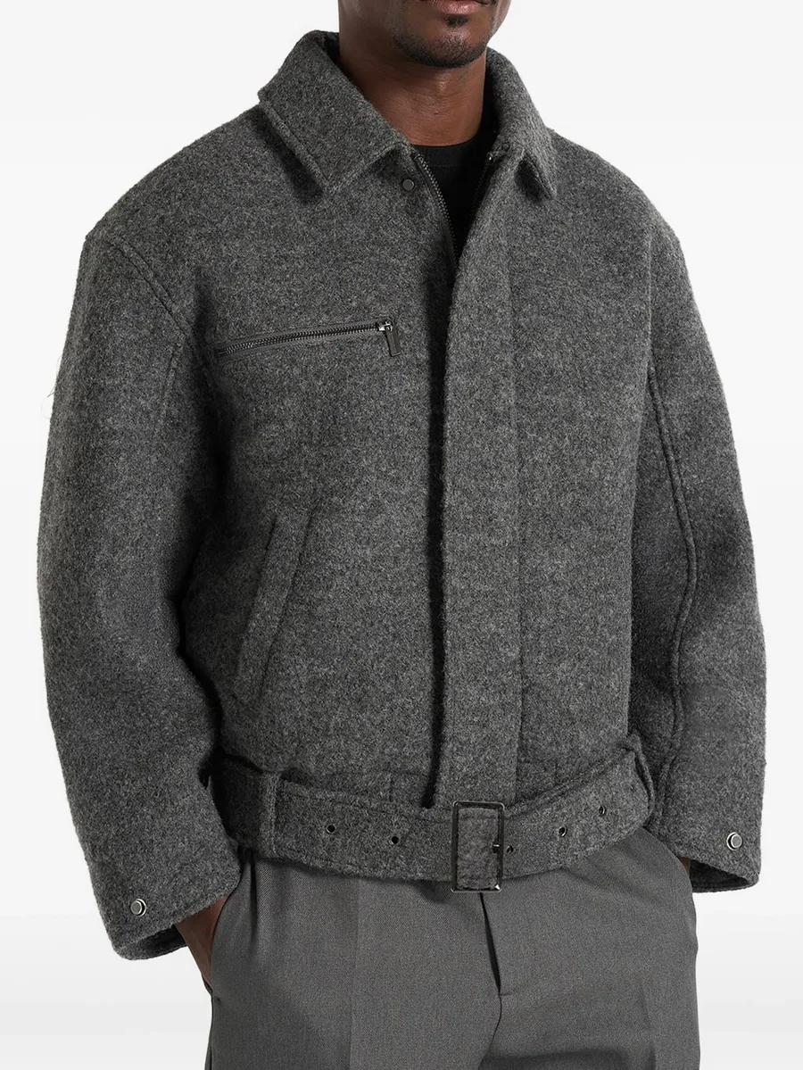 Ezra in grey wool belted bomber jacket 4