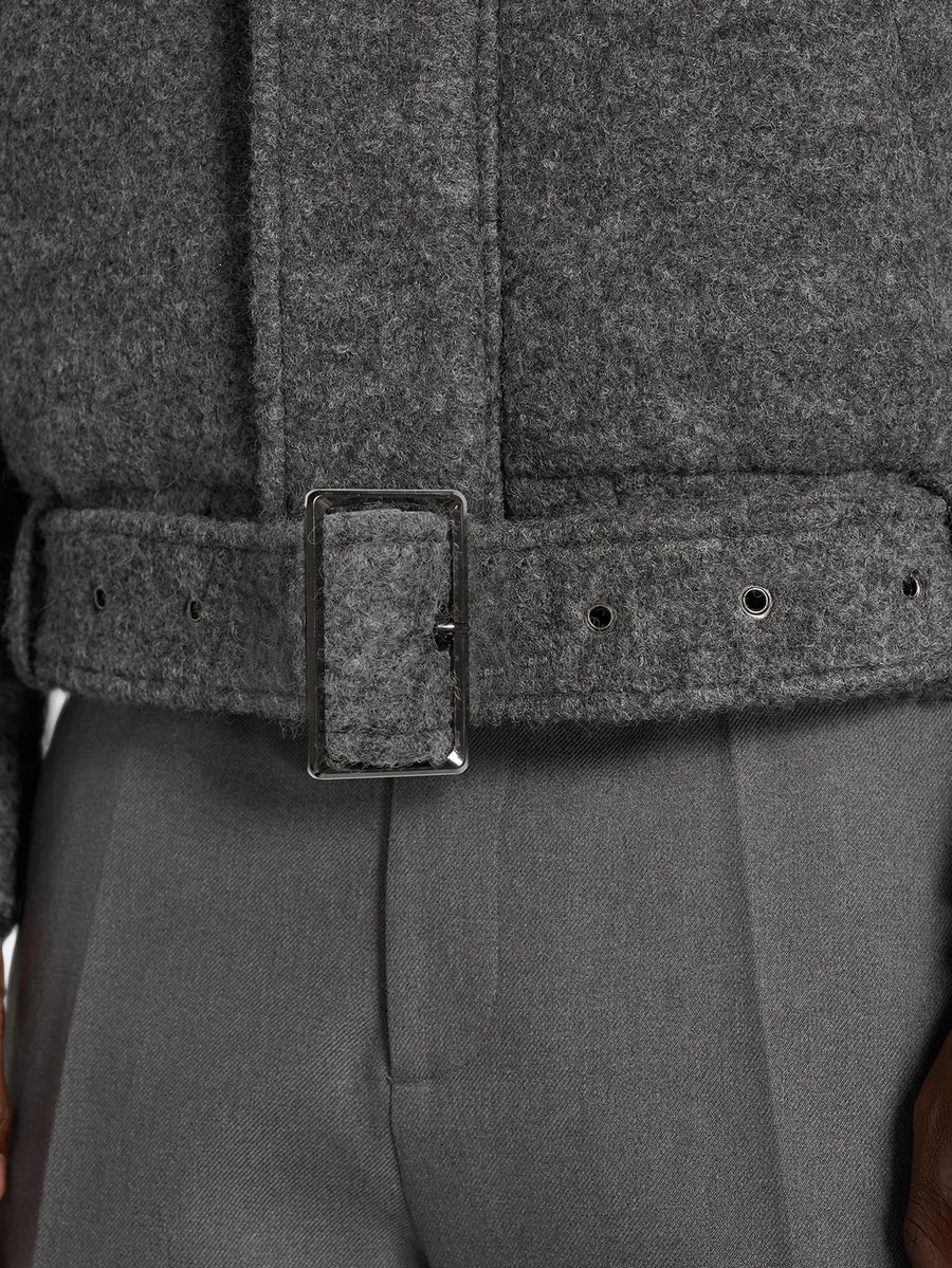 Ezra in grey wool belted bomber jacket 6