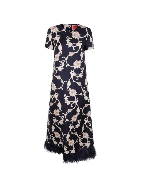 floral-print feather-trim dress