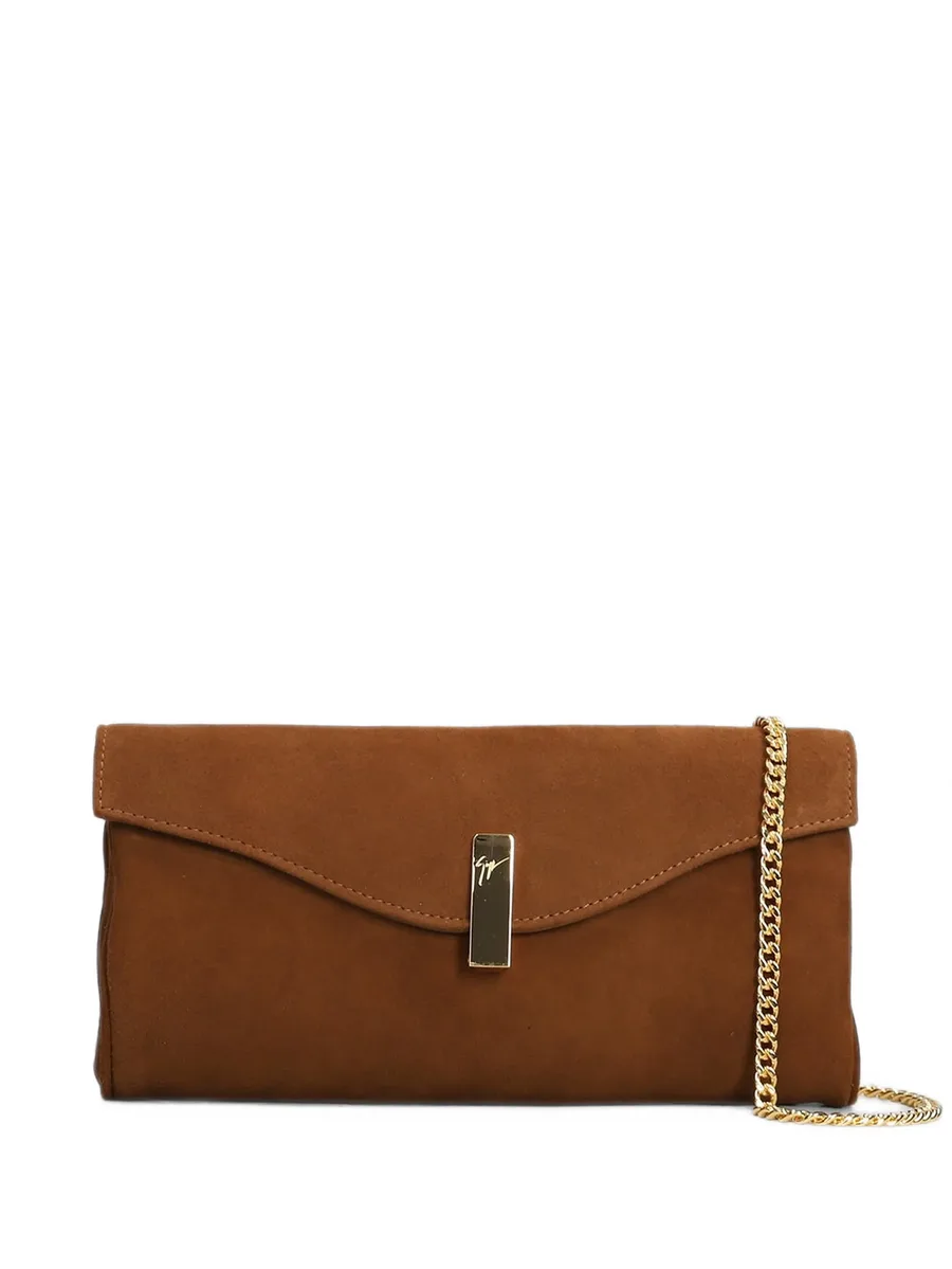 Flutie logo-plaque chain-link suede clutch bag 1