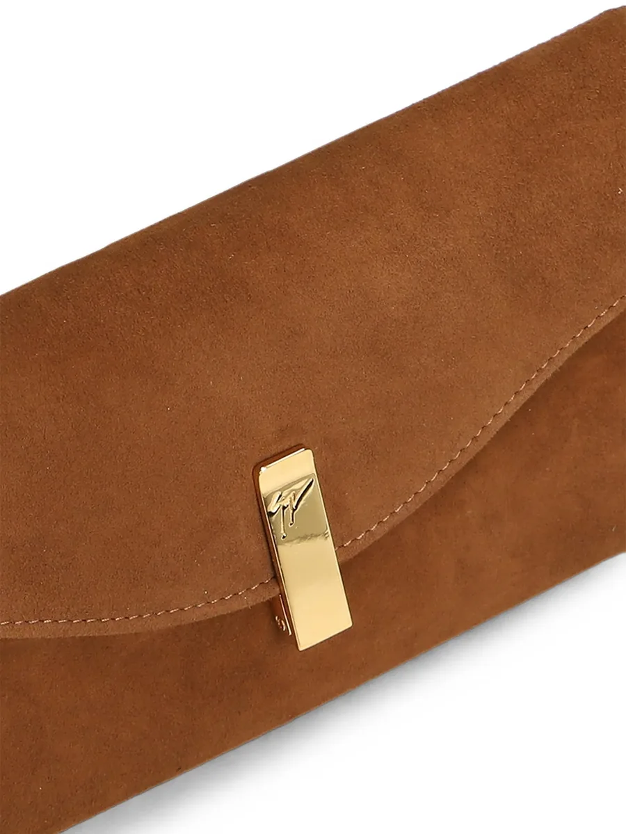 Flutie logo-plaque chain-link suede clutch bag 4