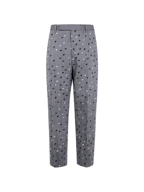 relaxed-fit grey herringbone polka dot trousers