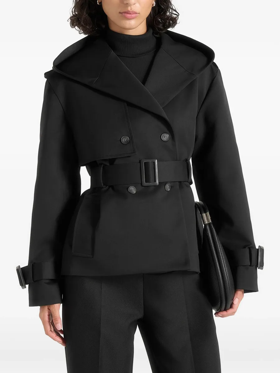 Kassidy in black hooded double-breasted wool-blend trench coat 1