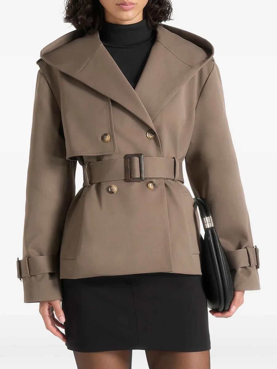 Kassidy in olive hooded double-breasted wool-blend trench coat 1