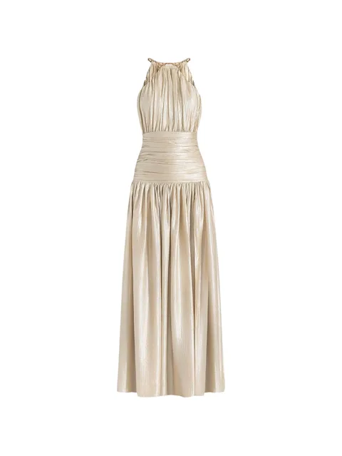 Fabienne in champagne ruched halterneck maxi dress