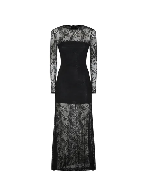 lace-overlay long-sleeve dress
