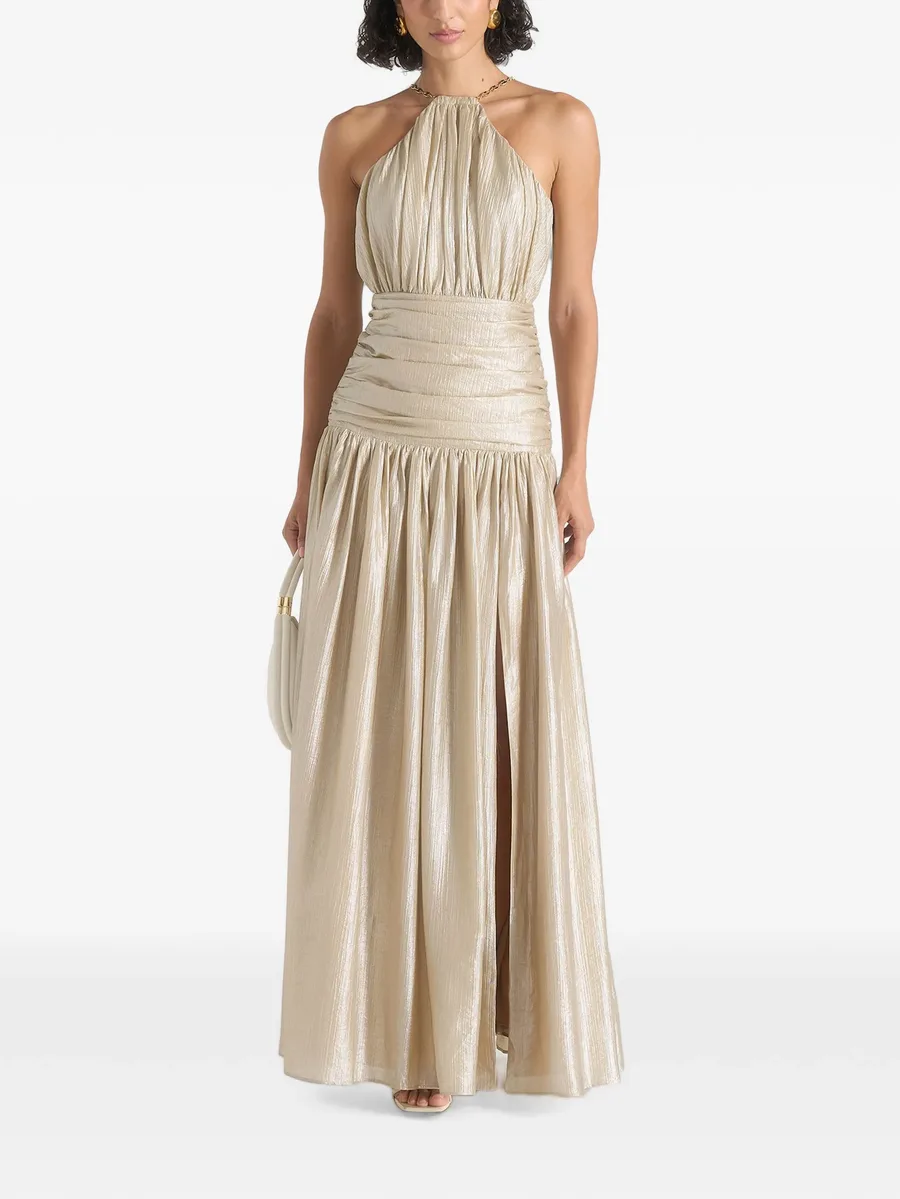 Fabienne in champagne ruched halterneck maxi dress 2