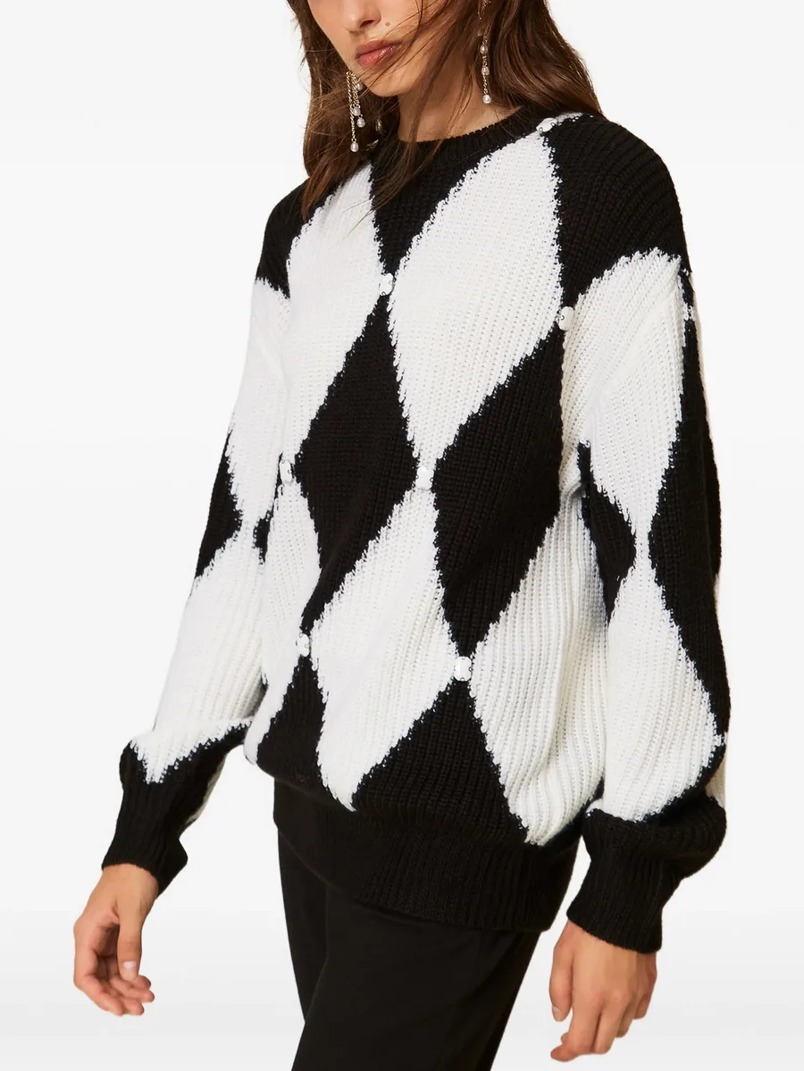 diamond pattern wool blend jumper with embroidery 1