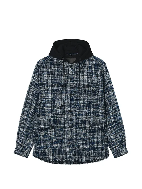 tweed-check drawstring hooded jacket