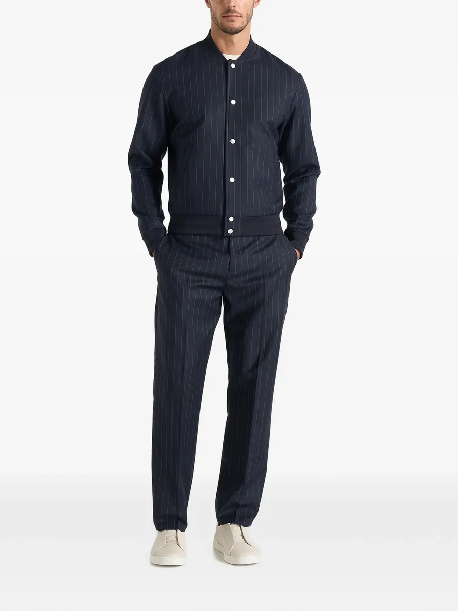 Savin in navy pinstripe bomber jacket 2