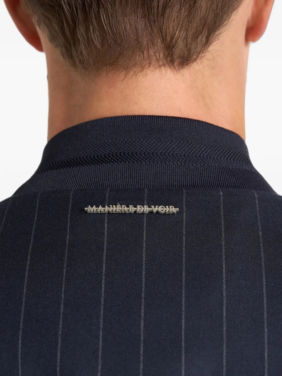 Savin in navy pinstripe bomber jacket 5