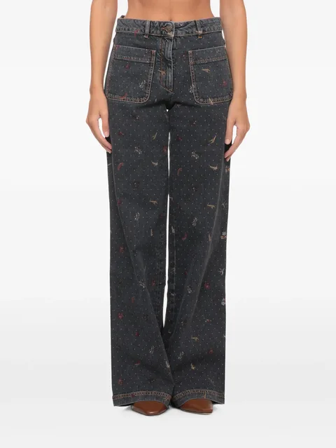 floral-embroidered polka-dot jeans