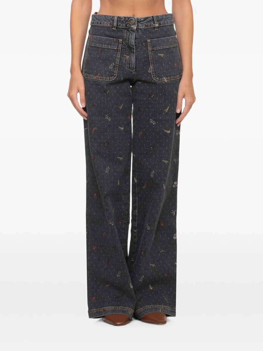 floral-embroidered polka-dot jeans 1
