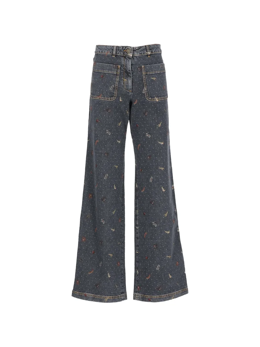 floral-embroidered polka-dot jeans 3