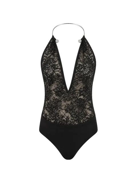 Piercing Collar open back bodysuit monogram strass