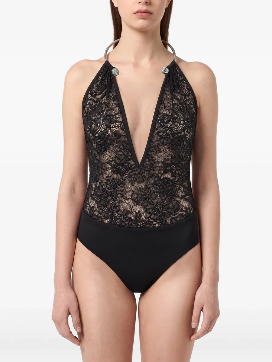 Piercing Collar open back bodysuit monogram strass 2