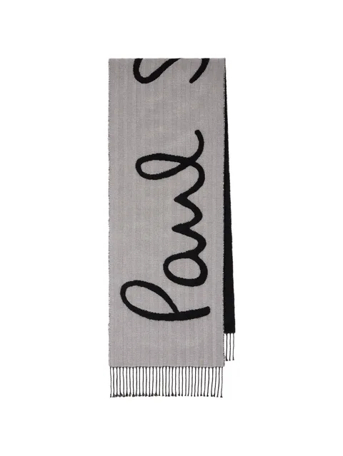 grey and black herringbone logo scarf