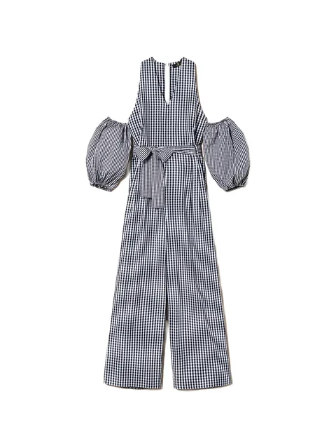 gingham balloon-sleeve jumpsuit
