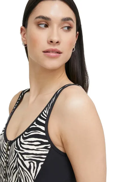 zebra-print zip-up swimsuit