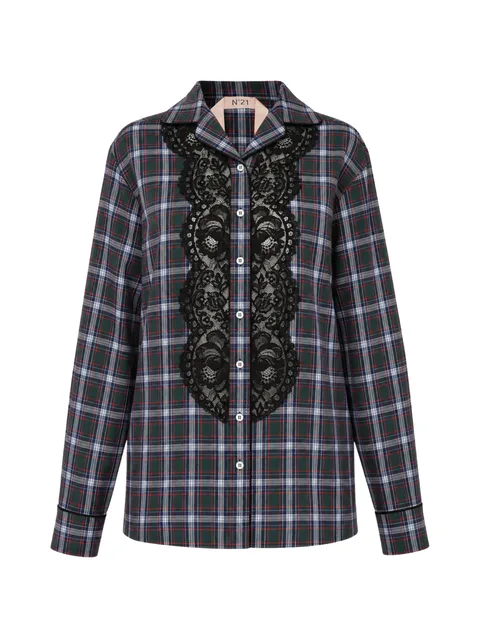 lace-panel tartan shirt