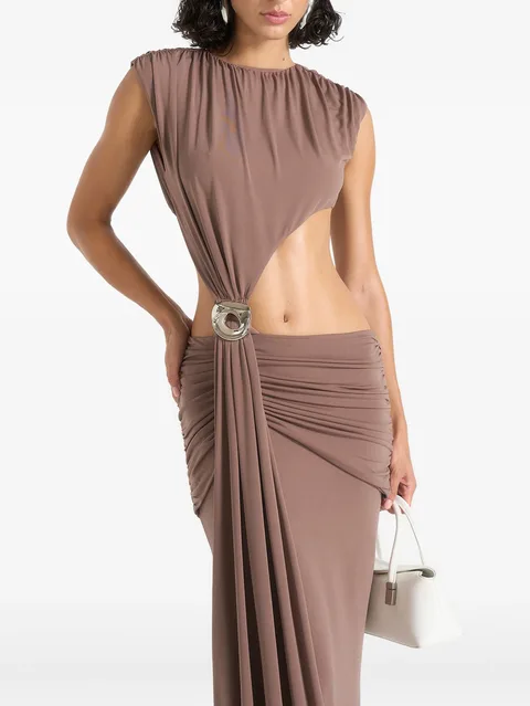 Ashley in taupe asymmetric cut-out hardware detail maxi dress