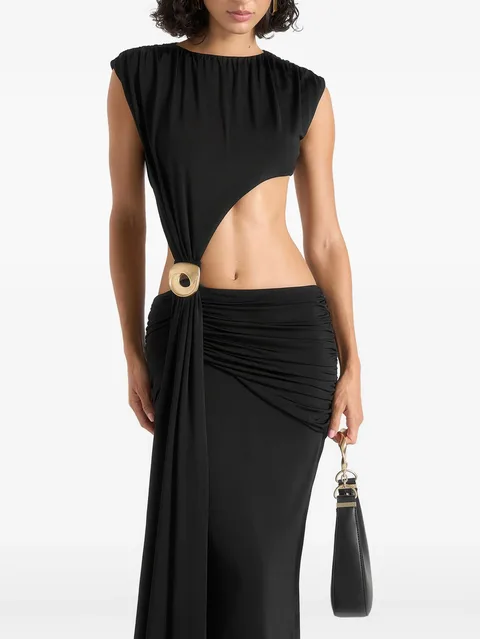Ashley in black asymmetric cut-out hardware detail maxi dress