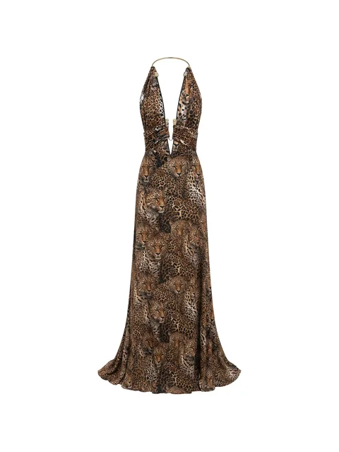 open-back piercing long dress all-over leopard