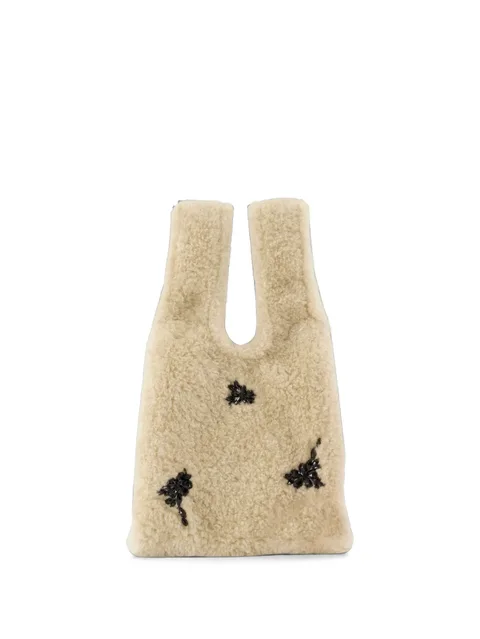 bead-embellished faux-shearling tote bag