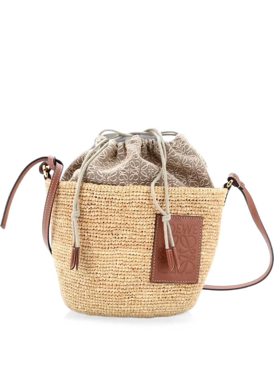 Pochette Crossbody Bag Woven Raffia and Leather with Anagram Jacquard bucket bag 1