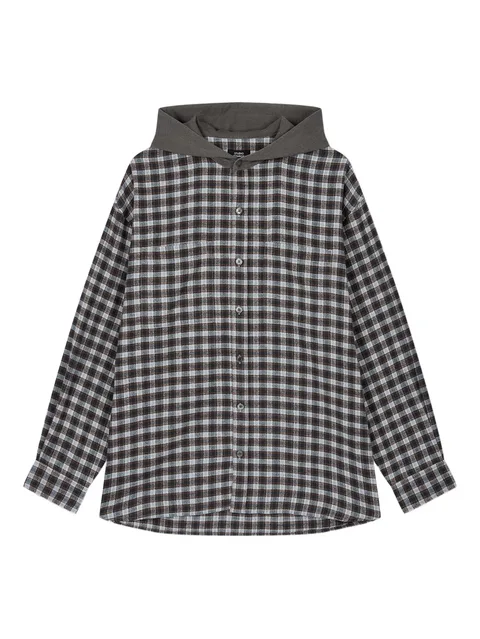 hooded check-pattern shirt